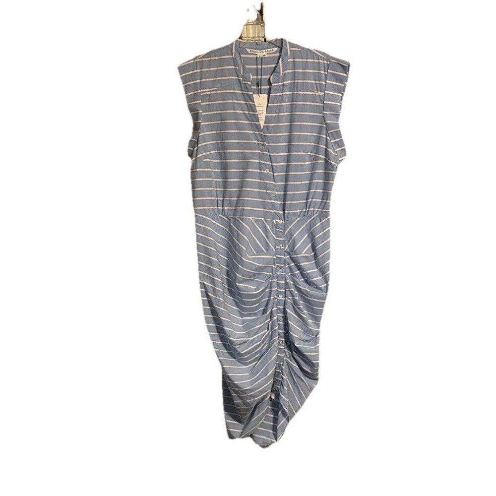 Veronica Beard Ruched Shirt Dress Blue and White Stripe Size 16